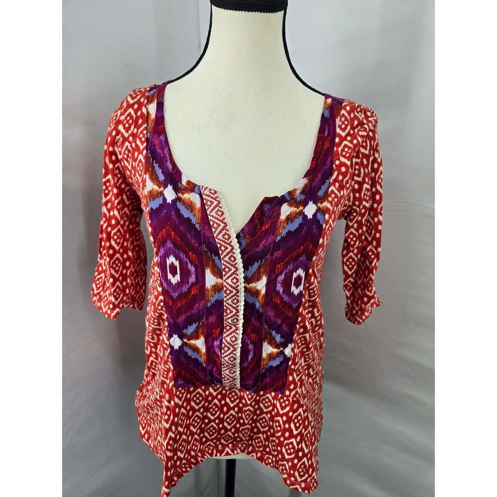 Akemi + Kin Anthropologie Red Purple Ikat Geometric Lace Trim Blouse Small